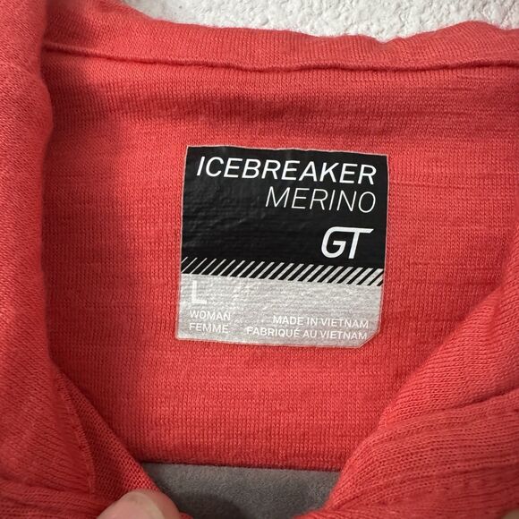 Icebreaker Merino GT Half Zip Hoodie Large Coral Outdoor Base Layer Zip Pocket - Picture 2 of 6
